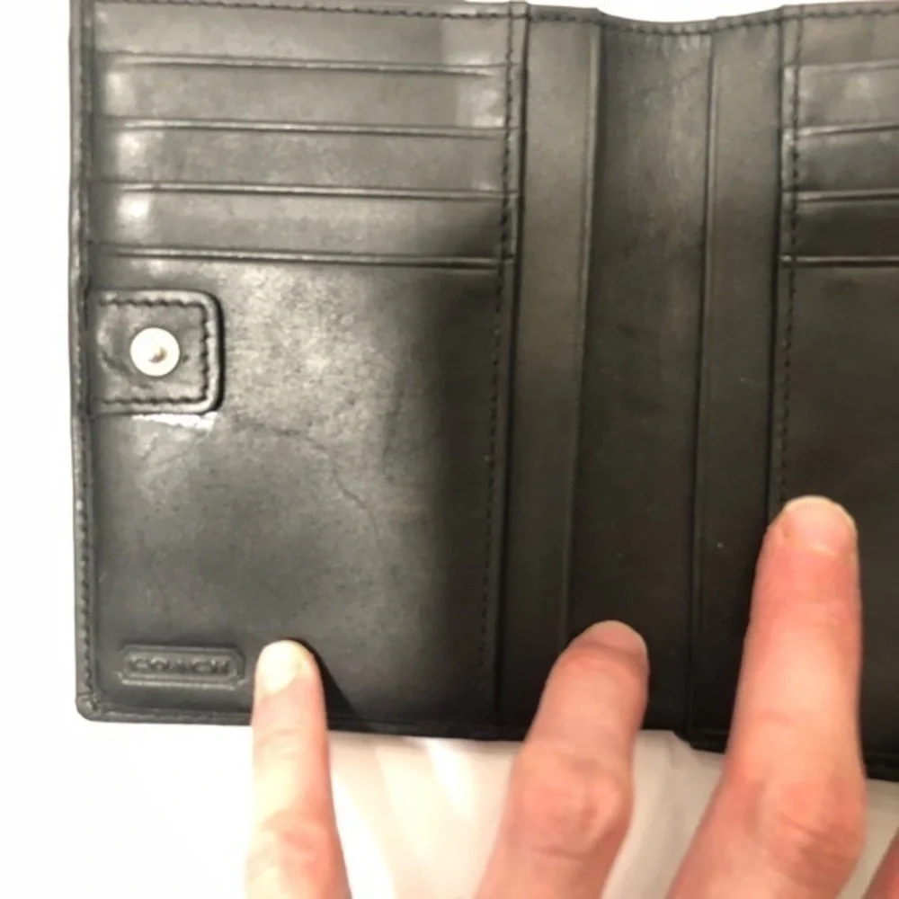 Coach black signature stripe compact wallet